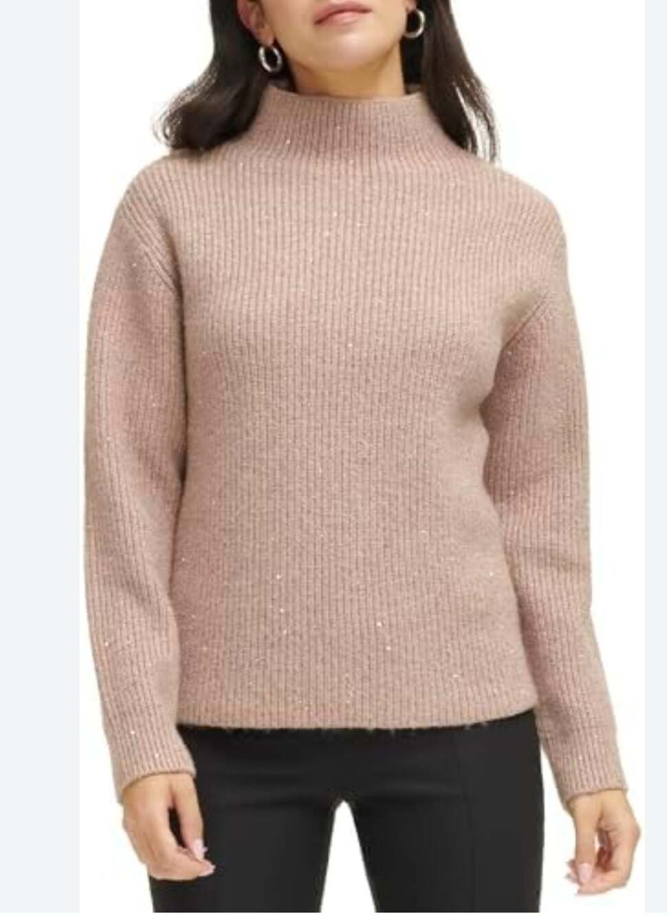 Calvin Klein Women's Sequin Metallic Long Sleeve Mock Neck Sweater in Beige XL